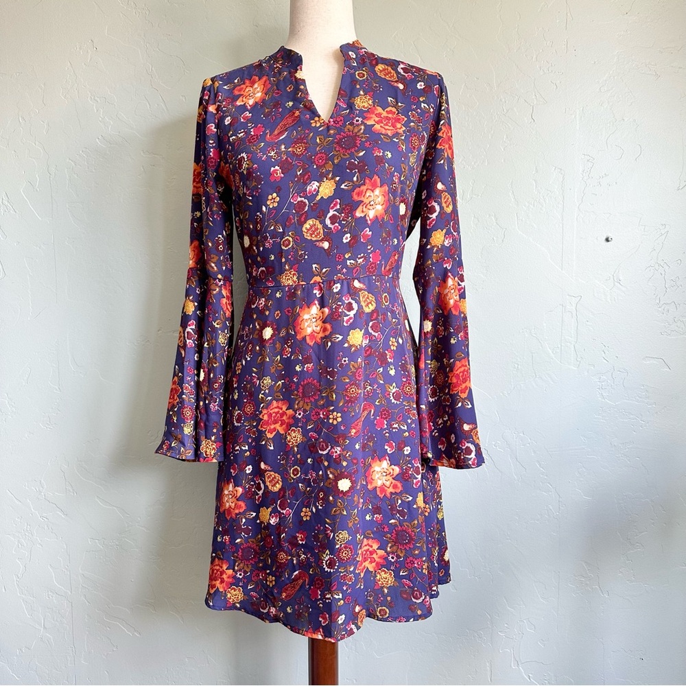 Pixley‎ Women’s Spring Purple Floral Birds A-Line Bell Sleeve Dress Size Small